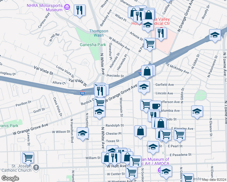 map of restaurants, bars, coffee shops, grocery stores, and more near 444 Kenoak Drive in Pomona