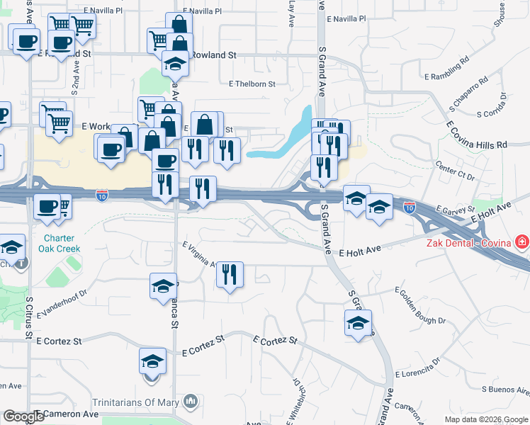 map of restaurants, bars, coffee shops, grocery stores, and more near 3205 East Drycreek Road in West Covina