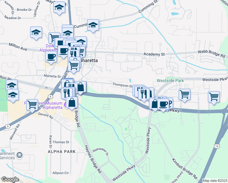 map of restaurants, bars, coffee shops, grocery stores, and more near 2440 Old Milton Parkway in Alpharetta