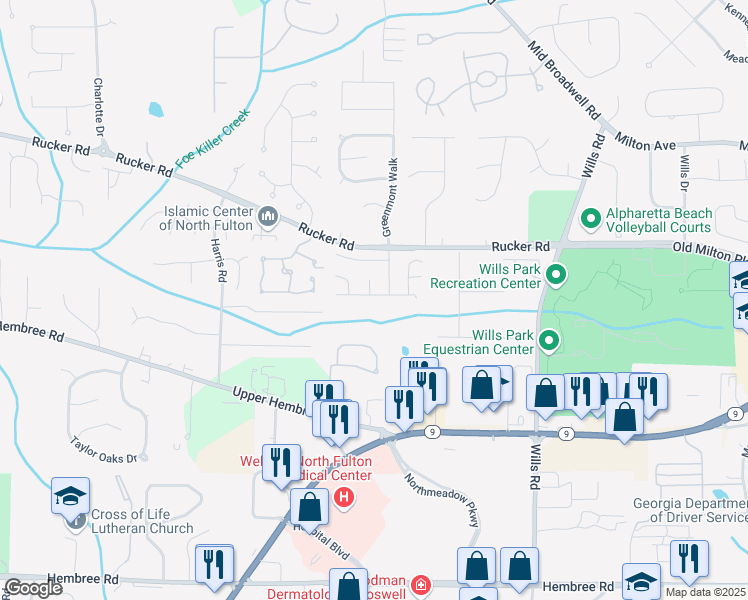 map of restaurants, bars, coffee shops, grocery stores, and more near 815 Melbourne Trail in Alpharetta
