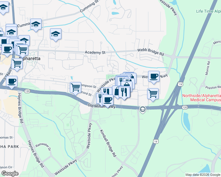 map of restaurants, bars, coffee shops, grocery stores, and more near 203 North Esplanade in Alpharetta