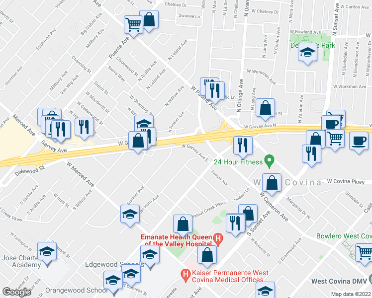 map of restaurants, bars, coffee shops, grocery stores, and more near 1906 West Garvey Avenue South in West Covina
