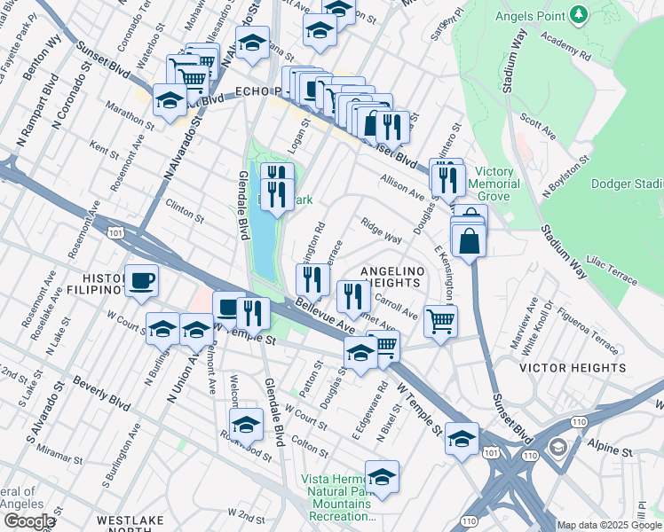 map of restaurants, bars, coffee shops, grocery stores, and more near 668 Laveta Terrace in Los Angeles