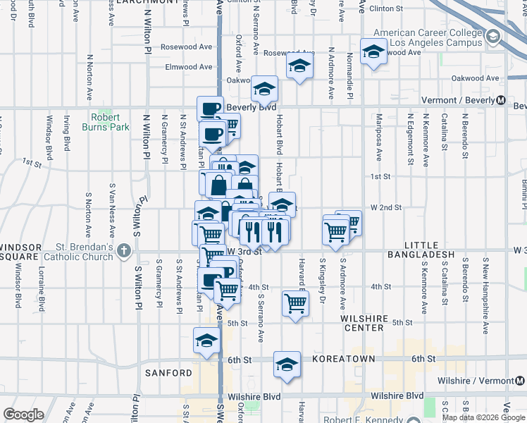 map of restaurants, bars, coffee shops, grocery stores, and more near 204 Serrano Avenue in Los Angeles