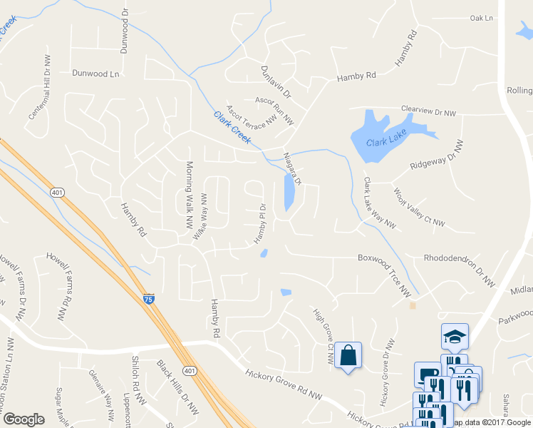 map of restaurants, bars, coffee shops, grocery stores, and more near 1908 Hamby Place Drive in Acworth