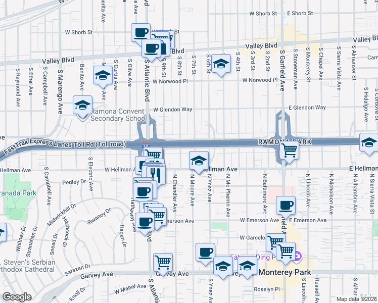 map of restaurants, bars, coffee shops, grocery stores, and more near 708 West Ramona Road in Alhambra