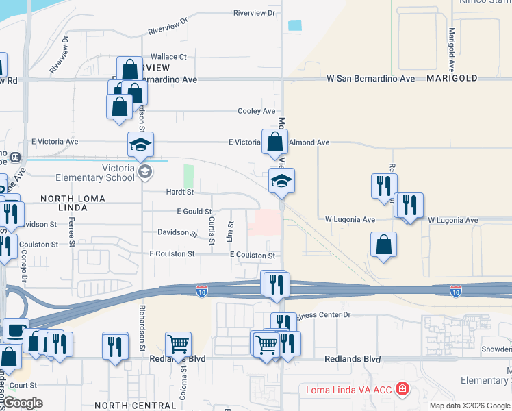 map of restaurants, bars, coffee shops, grocery stores, and more near 1948 East Gould Street in Loma Linda