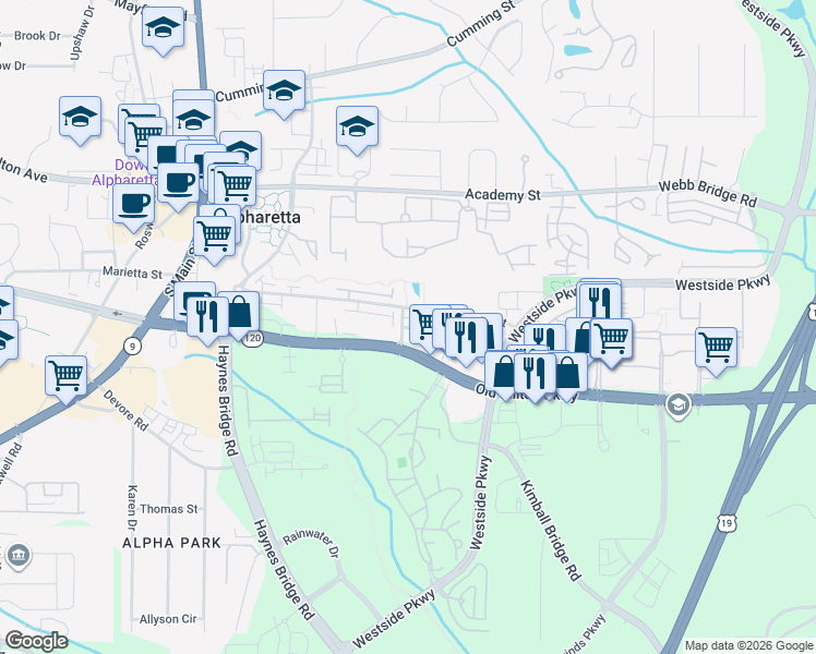 map of restaurants, bars, coffee shops, grocery stores, and more near 166 Park Street in Alpharetta