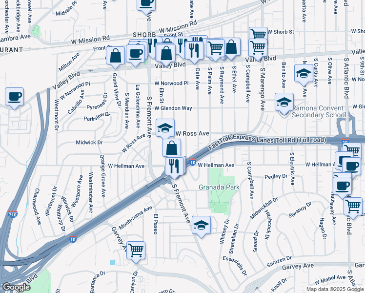 map of restaurants, bars, coffee shops, grocery stores, and more near 1927 Edgewood Drive in Alhambra