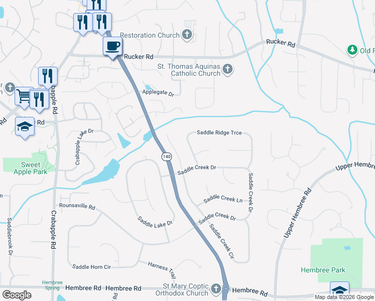 map of restaurants, bars, coffee shops, grocery stores, and more near 630 Saddle Ridge Trce in Roswell