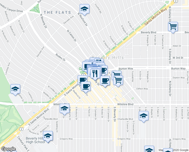 map of restaurants, bars, coffee shops, grocery stores, and more near 450 North Beverly Drive in Beverly Hills