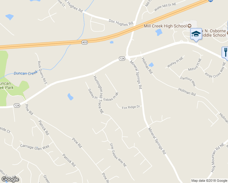 map of restaurants, bars, coffee shops, grocery stores, and more near 4140 Gables Place in Buford