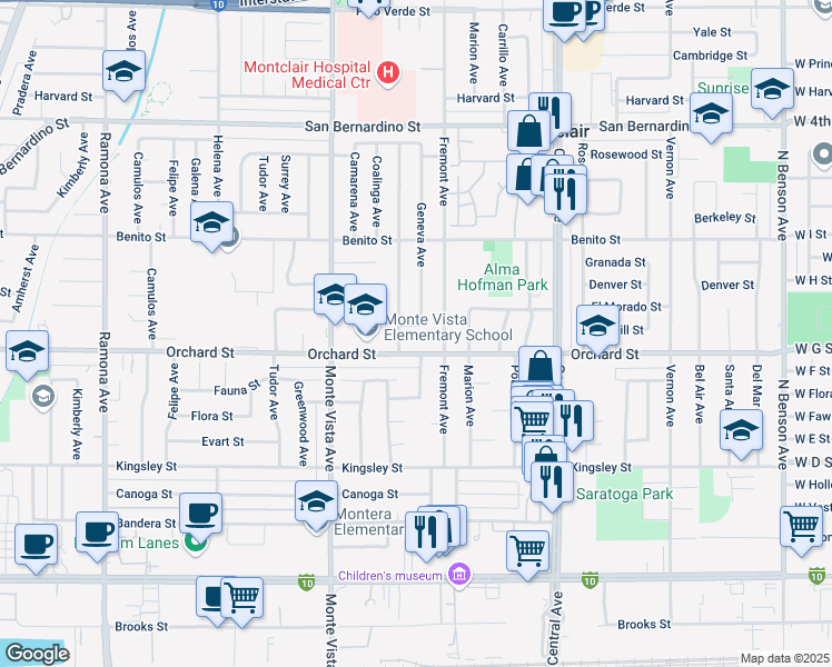 map of restaurants, bars, coffee shops, grocery stores, and more near 10057 Geneva Avenue in Montclair