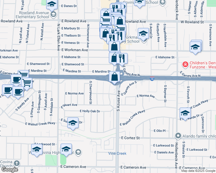 map of restaurants, bars, coffee shops, grocery stores, and more near 121 South Homerest Avenue in West Covina