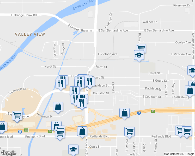 map of restaurants, bars, coffee shops, grocery stores, and more near 1215 Gould Street in San Bernardino