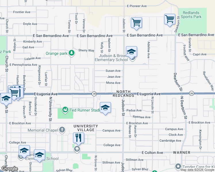 map of restaurants, bars, coffee shops, grocery stores, and more near 1312 Rees Court in Redlands