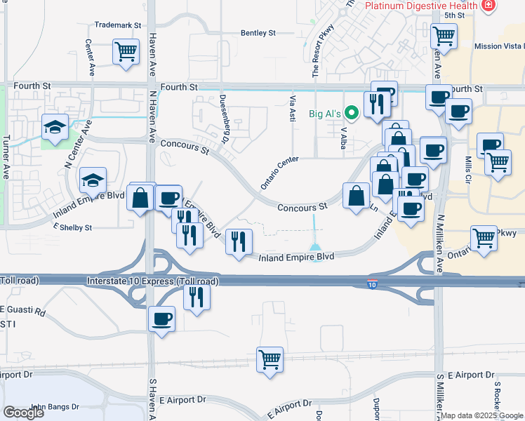 map of restaurants, bars, coffee shops, grocery stores, and more near 3800 Concours Street in Ontario