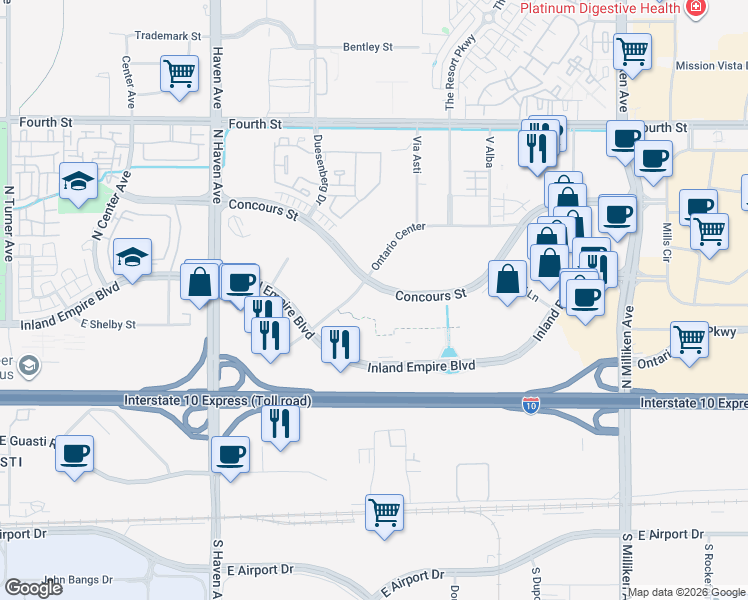 map of restaurants, bars, coffee shops, grocery stores, and more near 14911 Oak Spring Drive in Fontana