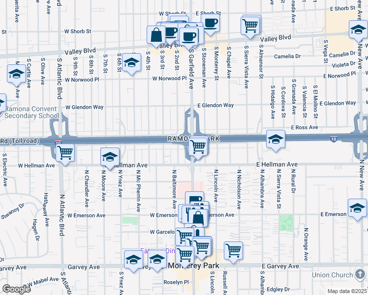 map of restaurants, bars, coffee shops, grocery stores, and more near 20 West Ramona Road in Alhambra