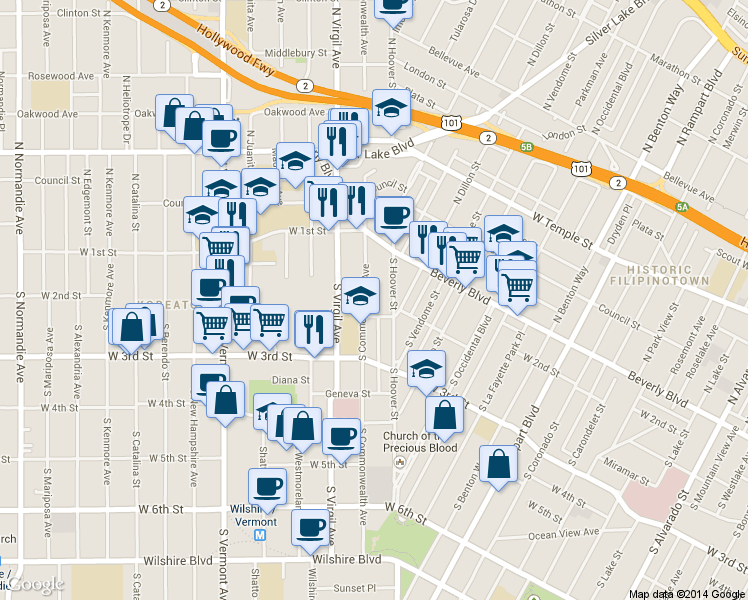 map of restaurants, bars, coffee shops, grocery stores, and more near 182 South Commonwealth Avenue in Los Angeles