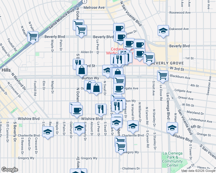 map of restaurants, bars, coffee shops, grocery stores, and more near 300 North Swall Drive in Beverly Hills