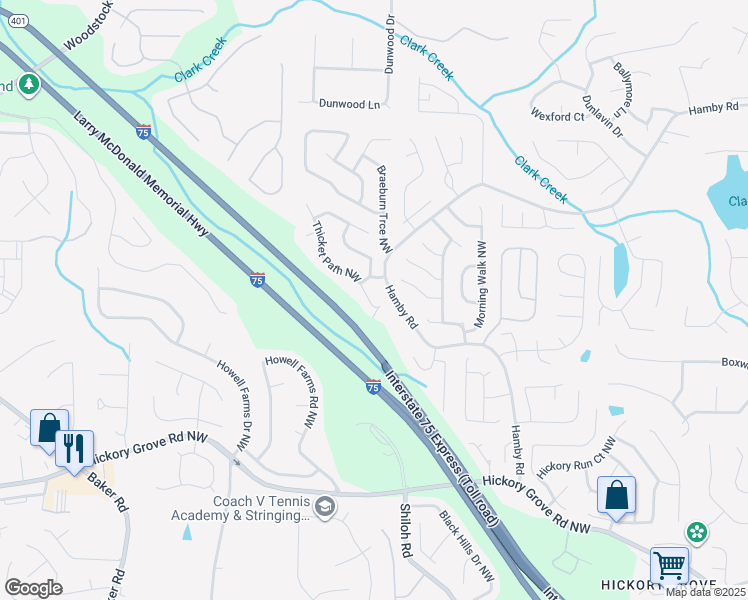 map of restaurants, bars, coffee shops, grocery stores, and more near 4812 Thicket Path Northwest in Acworth