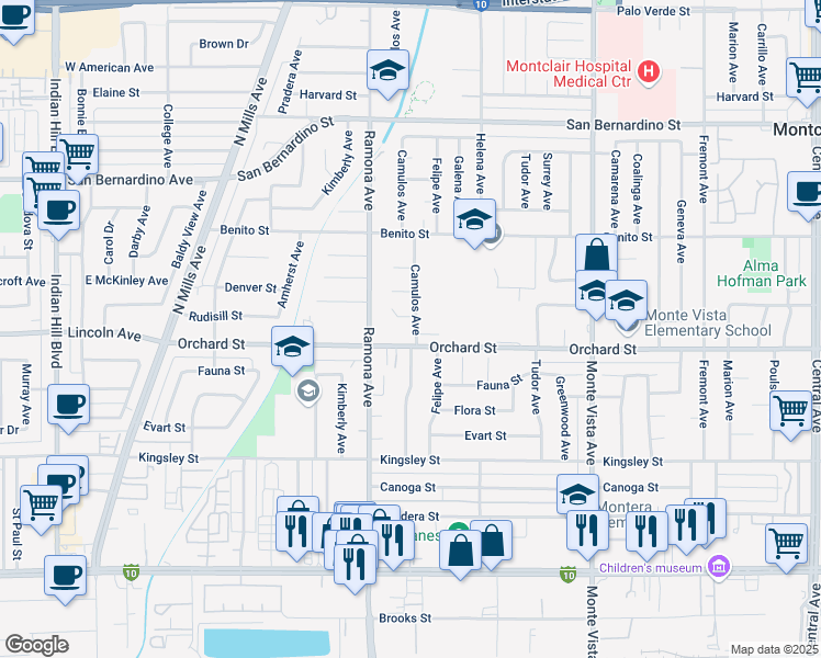 map of restaurants, bars, coffee shops, grocery stores, and more near 10060 Camulos Avenue in Montclair