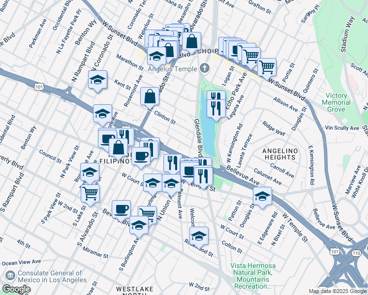 map of restaurants, bars, coffee shops, grocery stores, and more near 510 North Burlington Avenue in Los Angeles