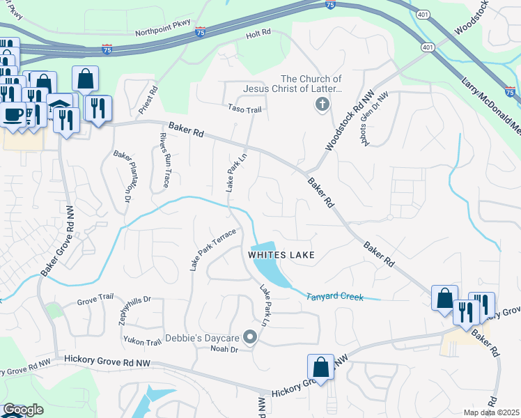 map of restaurants, bars, coffee shops, grocery stores, and more near 2895 Estuary Drive in Acworth