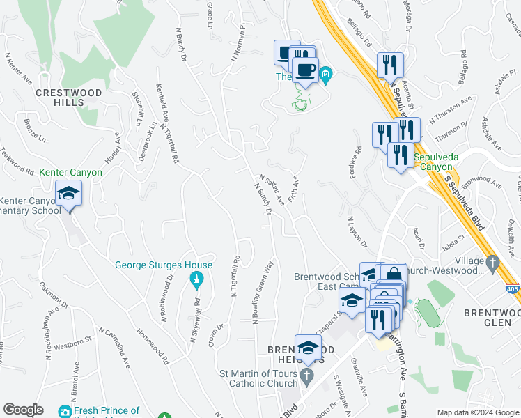 map of restaurants, bars, coffee shops, grocery stores, and more near 12221 Benmore Terrace in Los Angeles