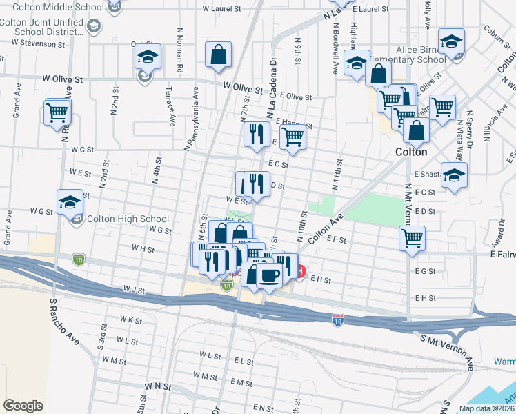 map of restaurants, bars, coffee shops, grocery stores, and more near 592 North La Cadena Drive in Colton