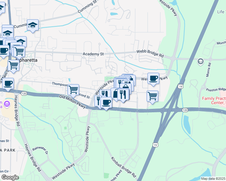 map of restaurants, bars, coffee shops, grocery stores, and more near 211 North Esplanade in Alpharetta