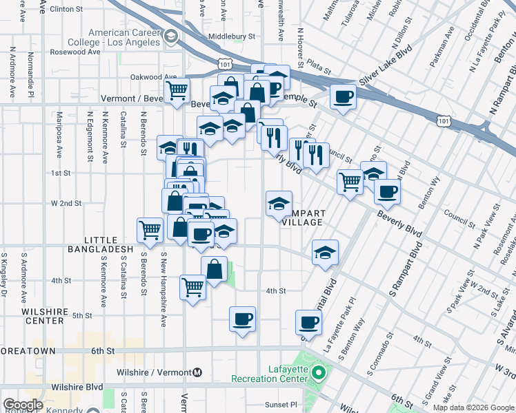 map of restaurants, bars, coffee shops, grocery stores, and more near 185 South Virgil Avenue in Los Angeles