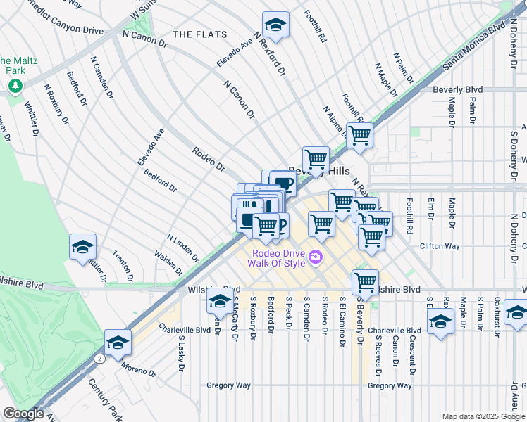 map of restaurants, bars, coffee shops, grocery stores, and more near 505 N Rodeo Dr in Beverly Hills