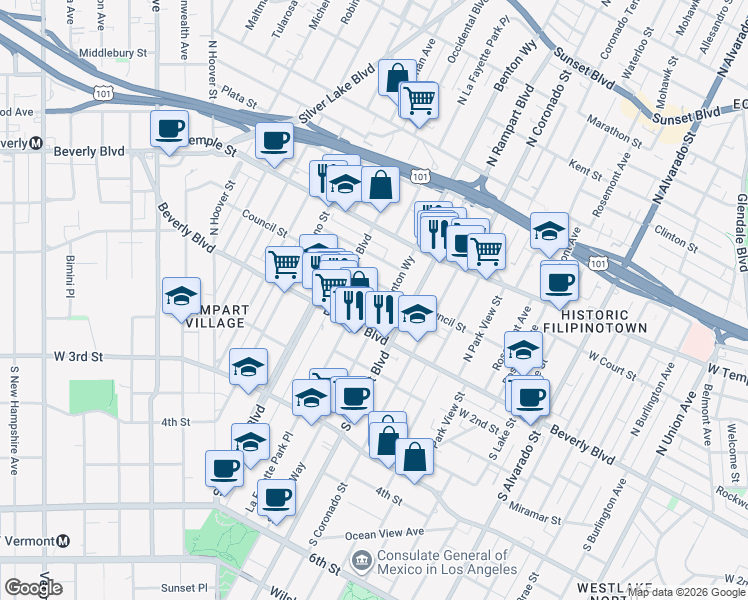map of restaurants, bars, coffee shops, grocery stores, and more near in Los Angeles