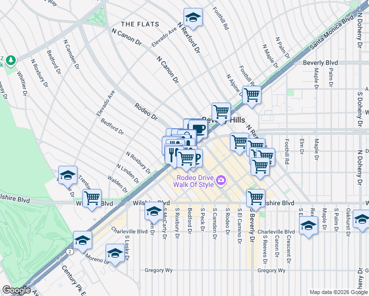 map of restaurants, bars, coffee shops, grocery stores, and more near 505 North Rodeo Drive in Beverly Hills