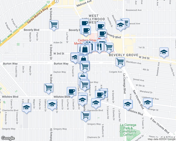 map of restaurants, bars, coffee shops, grocery stores, and more near 435 Arnaz Drive in Los Angeles