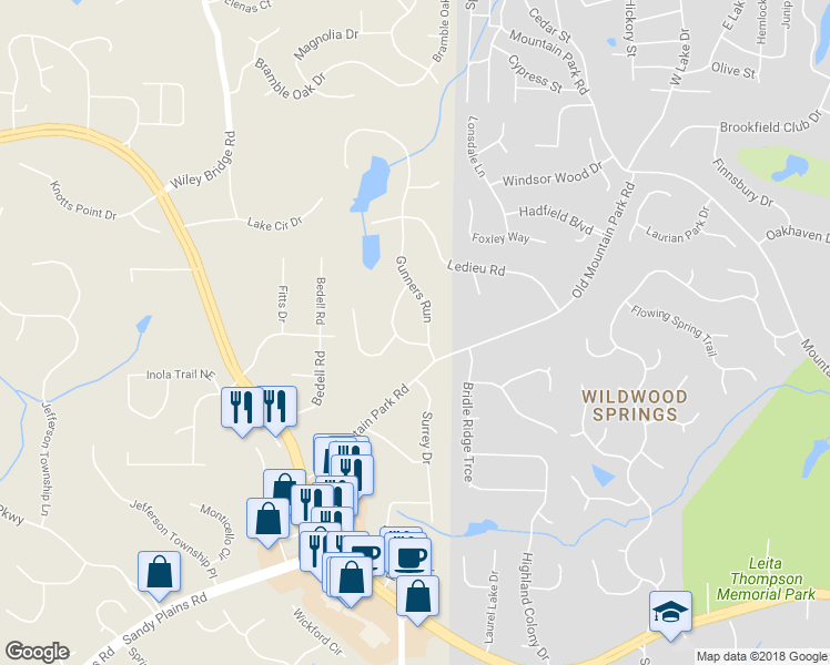 map of restaurants, bars, coffee shops, grocery stores, and more near 4976 Gunners Pass in Roswell