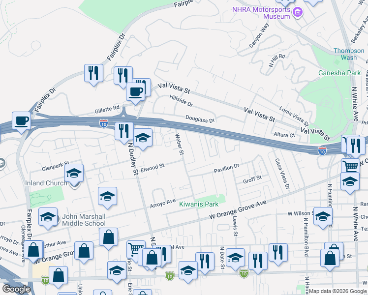 map of restaurants, bars, coffee shops, grocery stores, and more near 1302 Weber Street in Pomona