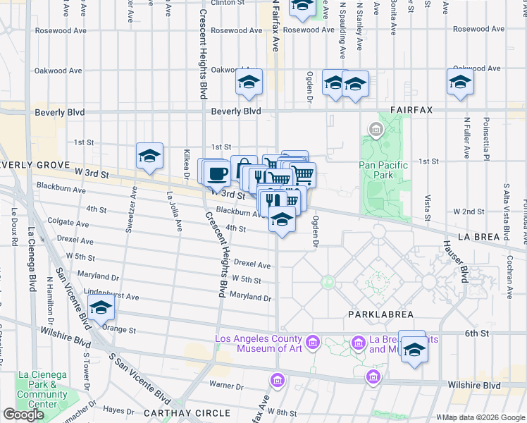 map of restaurants, bars, coffee shops, grocery stores, and more near 7911 Blackburn Avenue in Los Angeles
