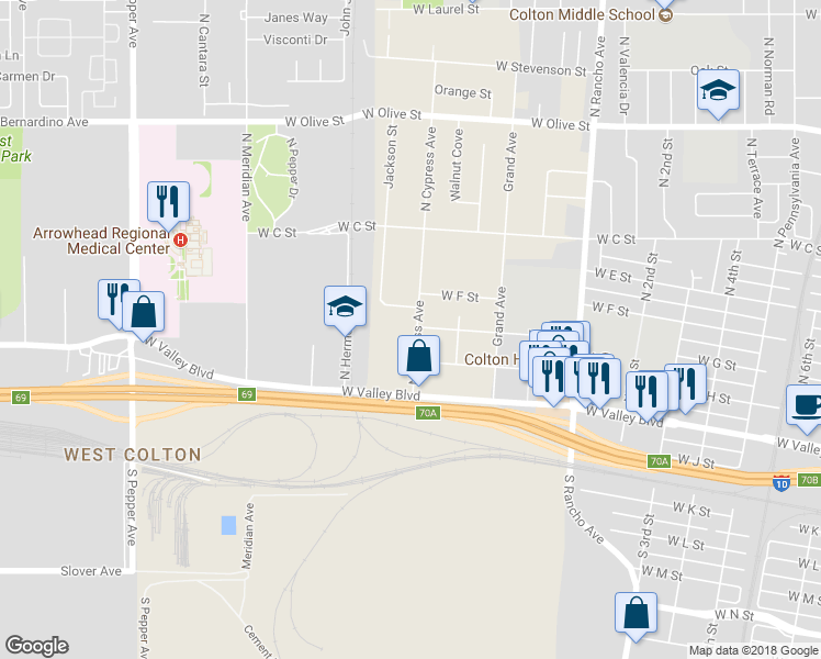 map of restaurants, bars, coffee shops, grocery stores, and more near 395 North Cypress Avenue in Colton