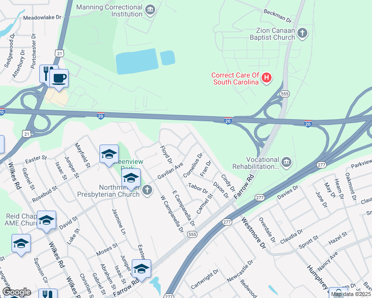 map of restaurants, bars, coffee shops, grocery stores, and more near 7110 Gavilan Avenue in Columbia