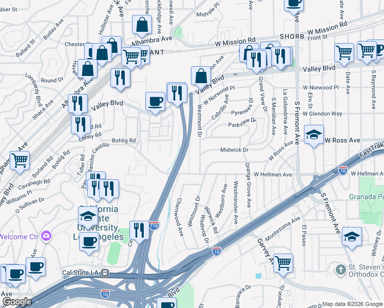 map of restaurants, bars, coffee shops, grocery stores, and more near 1916 Charnwood Avenue in Alhambra