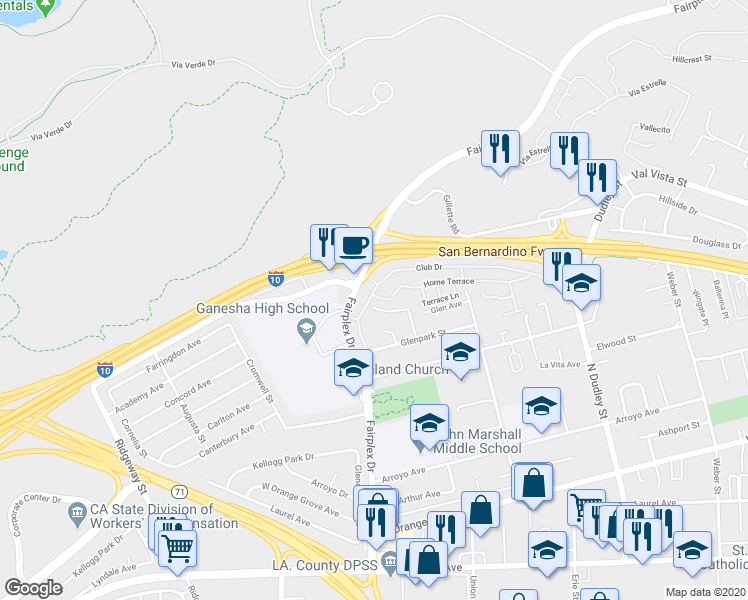 map of restaurants, bars, coffee shops, grocery stores, and more near 1860 Home Terrace in Pomona