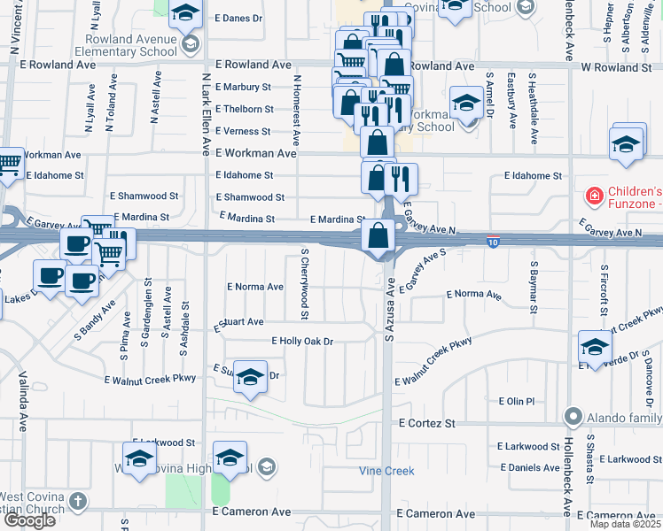 map of restaurants, bars, coffee shops, grocery stores, and more near 122 South Fernwood Street in West Covina