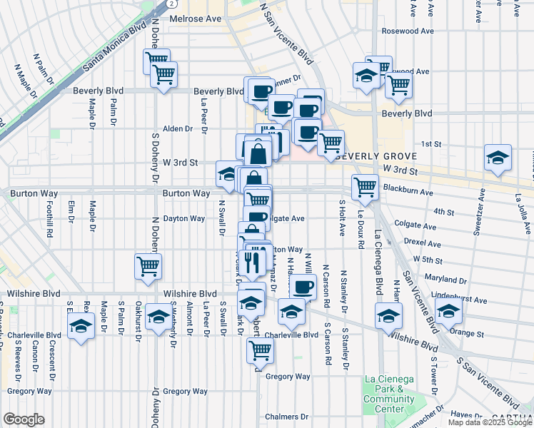 map of restaurants, bars, coffee shops, grocery stores, and more near 435 Arnaz Drive in Los Angeles