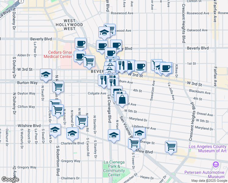map of restaurants, bars, coffee shops, grocery stores, and more near 426 South San Vicente Boulevard in Los Angeles