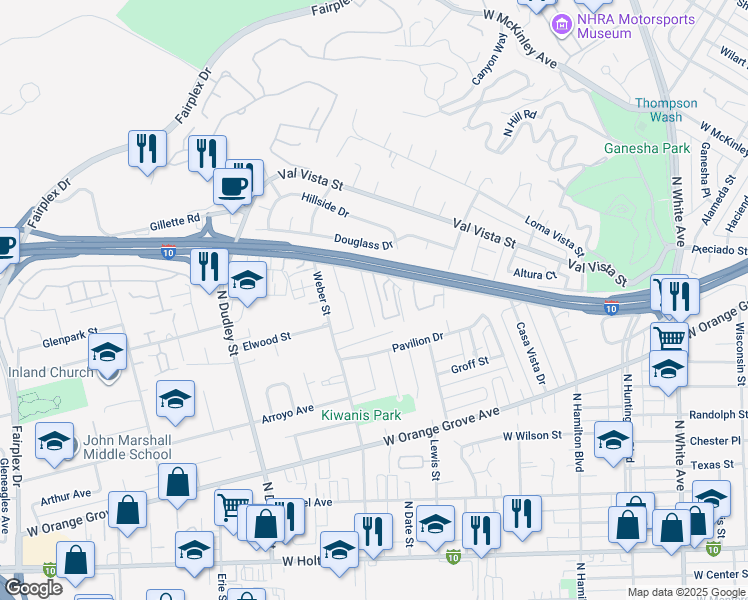 map of restaurants, bars, coffee shops, grocery stores, and more near 1350 Ballerina Place in Pomona