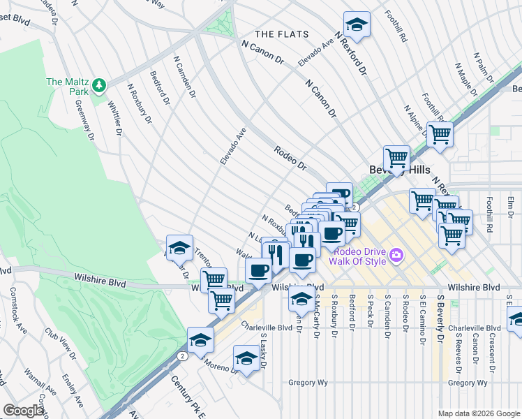 map of restaurants, bars, coffee shops, grocery stores, and more near 600 North Roxbury Drive in Beverly Hills