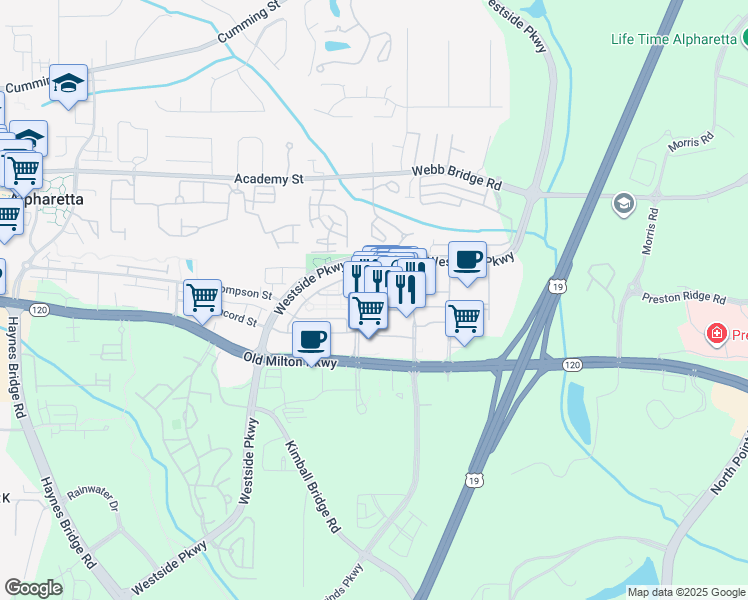 map of restaurants, bars, coffee shops, grocery stores, and more near 4306 Avalon Boulevard in Alpharetta